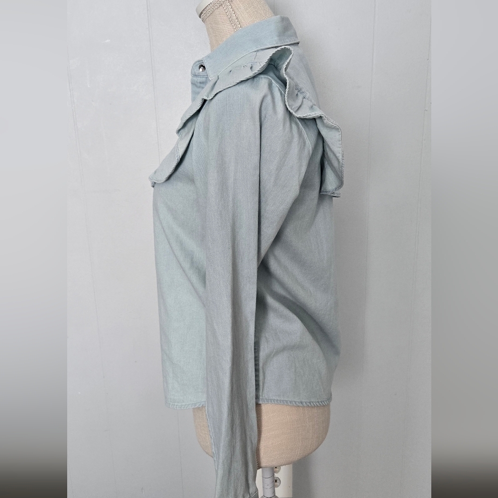 INTERMIX Light Blue Ruffled Button Down Shirt - Picture 3 of 8